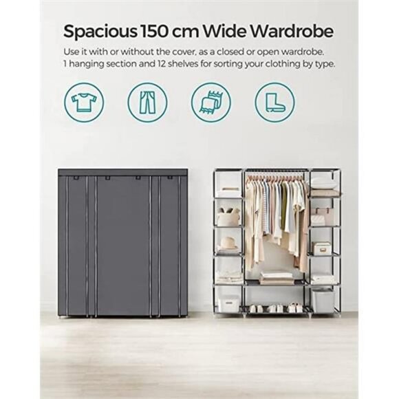 59-Inch Portable Closet Wardrobe, with Shelves and Cover for Hanging Clothes - Picture 2 of 6